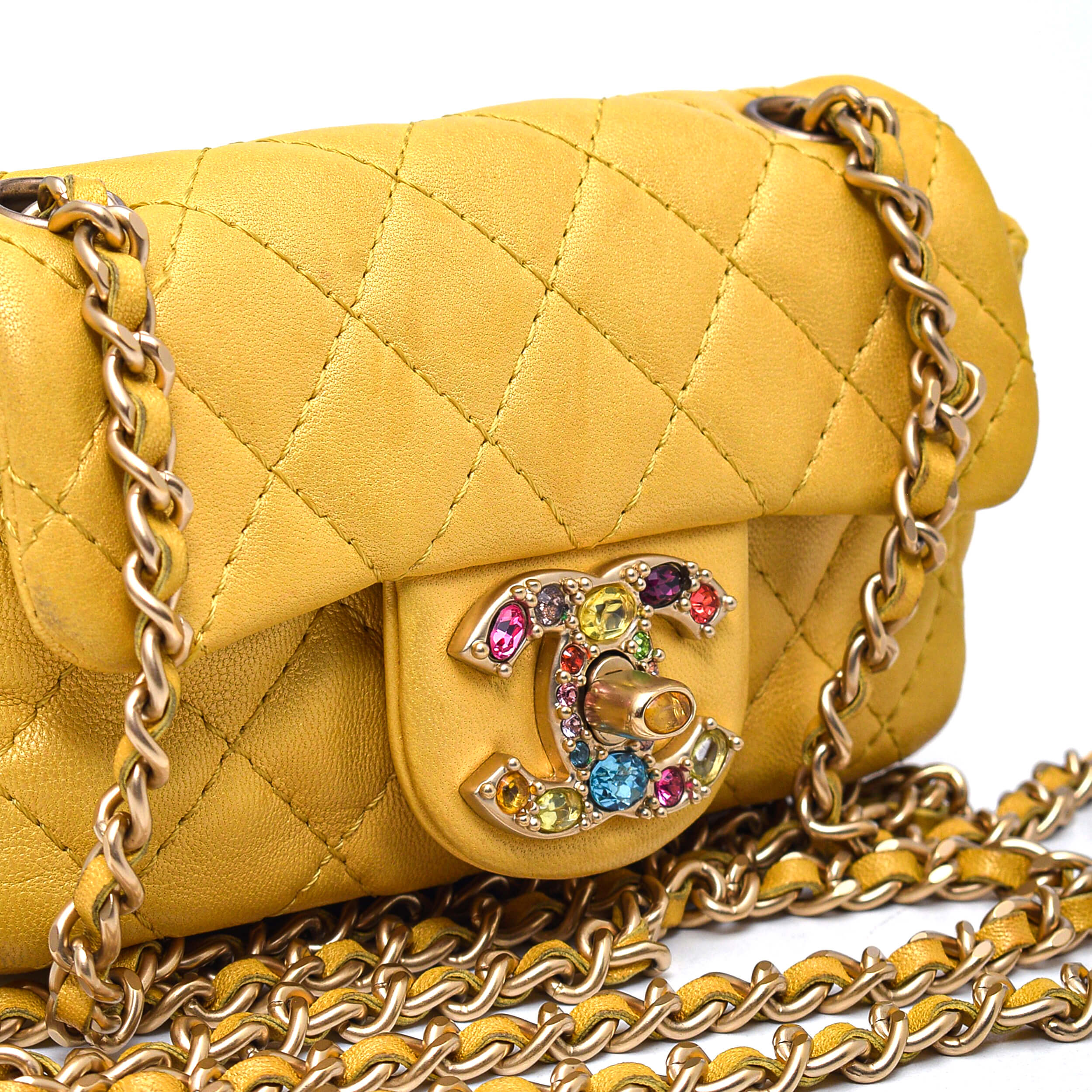 Chanel- Yellow Quilted Lambskin Leather Embellished CC Logo Micro Flap Bag 